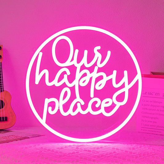 "Our happy place" Neon Sign Happy Place Neon Light for Wall Decor Letter Neon Signs Pink LED Neon Sign Round LED Neon Light for Bedroom Bar Party Birthday Club Decor